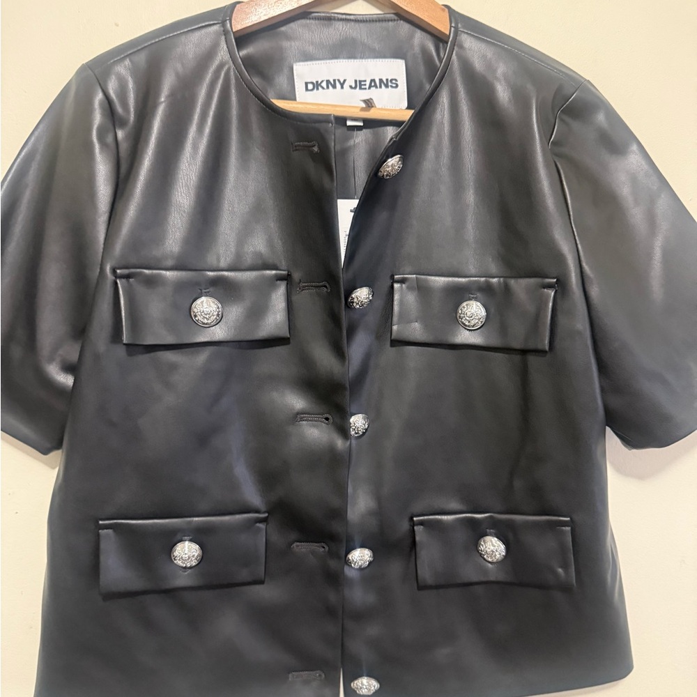 DKNY Black Leather Jacket with Silver Buttons